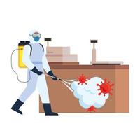 Man with protective suit spraying store cash register with covid 19 virus vector design