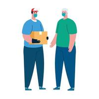 client and delivery man with mask and box vector design