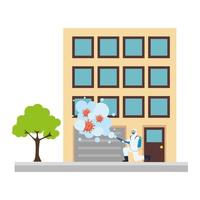 Hombre con traje protector rociando edificio con diseño vectorial de virus covid 19 vector