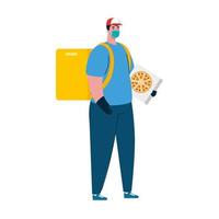 Delivery man with mask and pizza box vector design