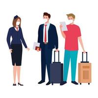 Stewardess and men with medical masks and bags vector design