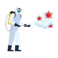 Man with protective suit spraying covid 19 virus vector design