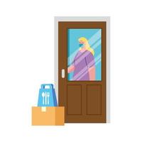 Woman client with mask behind door boxes and food bag vector design