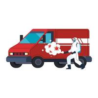 Man with protective suit spraying truck with covid 19 virus vector design