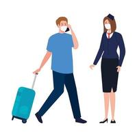 Stewardess and man with medical mask and bag vector design