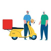 man and delivery man with mask motorcycle and pizza box vector design