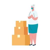 Woman client with mask and delivery boxes vector design