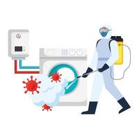 Man with protective suit spraying washing machine with covid 19 virus vector design