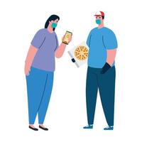 Delivery man and woman client with mask and pizza box vector design