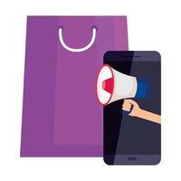 Bolsa de compras y teléfono inteligente con diseño de vector de megáfono