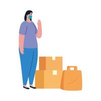 Woman client with mask delivery boxes and bag vector design