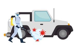 Man with protective suit spraying car with covid 19 virus vector design