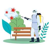 Man with protective suit spraying park bench with covid 19 virus vector design