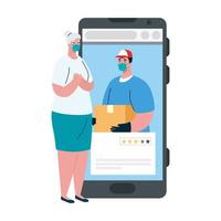 Cliente mujer y repartidor con máscara y caja en diseño vectorial de smartphone vector