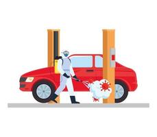 Man with protective suit spraying car with covid 19 virus vector design