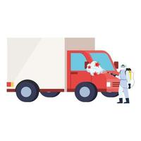 Man with protective suit spraying delivery truck with covid 19 virus vector design