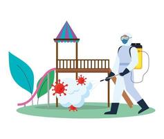 Man with protective suit spraying park toy with covid 19 virus vector design