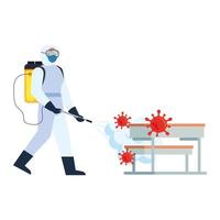 Man with protective suit spraying school tables with covid 19 virus vector design