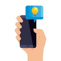 hand holding smartphone with light bulb inside bubble vector design