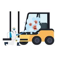 Man with protective suit spraying forklift with covid 19 virus vector design