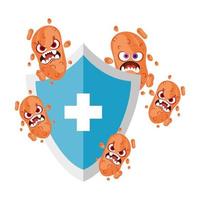 Virus cartoon on shield with cross vector design