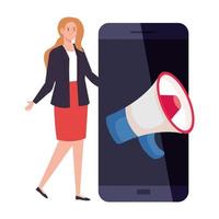 woman avatar with megaphone and smartphone vector design