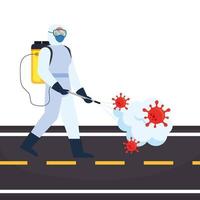 Man with protective suit spraying street with covid 19 virus vector design