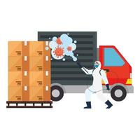 Man with protective suit spraying delivery truck with covid 19 virus vector design