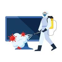 Man with protective suit spraying computer with covid 19 virus vector design