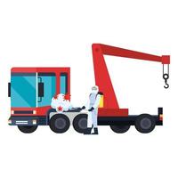 Man with protective suit spraying crane truck with covid 19 virus vector design