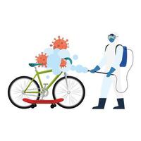 Man with protective suit spraying bike and skateboard with covid 19 virus vector design