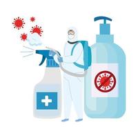 Man with protective suit spraying sanitizer bottles with covid 19 virus vector design