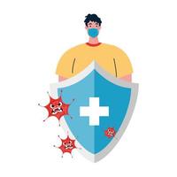 Avatar de hombre con máscara médica y escudo con diseño vectorial cruzado vector