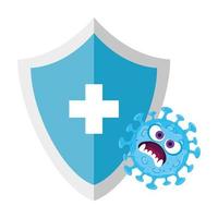 Covid 19 virus cartoon on shield with cross vector design