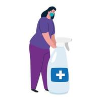 Avatar de mujer con máscara médica y diseño de vector de desinfectante de manos