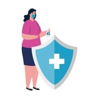 Mujer con máscara médica escudo y desinfectante de manos diseño vectorial vector