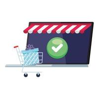 laptop with tent gift inside cart and check mark button vector design