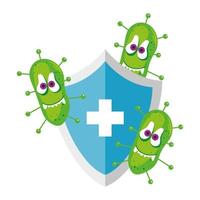 Covid 19 virus cartoon on shield with cross vector design