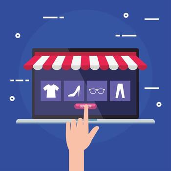 laptop with tent and hand touching buy button vector design