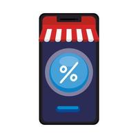 Smartphone con diseño de vector de botón de venta de tienda y porcentaje