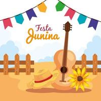 festa junina with guitar and decoration, brazil june festival, celebration decoration vector