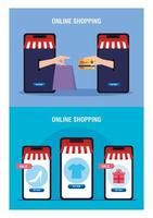 Smartphones hands holding bag credit card and icon set vector design