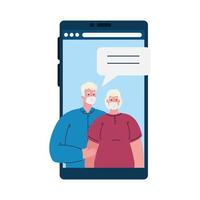 old couple talk to each other on the smartphone screen, conference video call, during covid 19 vector