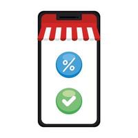Smartphone with tent check mark and sale button vector design