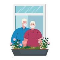 stay at home concept, window, old couple look out of home, quarantine or self isolation vector