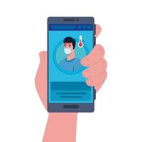 smartphone, man with disease fever, app prevention coronavirus covid 19, medical consultation virtual medicine vector