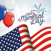 memorial day, honoring all who served, with flag and balloons helium decoration vector