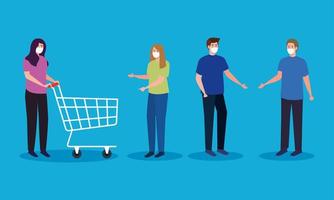 Women and men with masks and shopping cart vector design