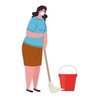 woman wearing medical protective mask against covid 19 with mop and bucket vector
