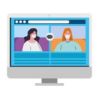 las mujeres hablan entre sí en la pantalla de la computadora, videollamada de conferencia, durante el covid 19 vector